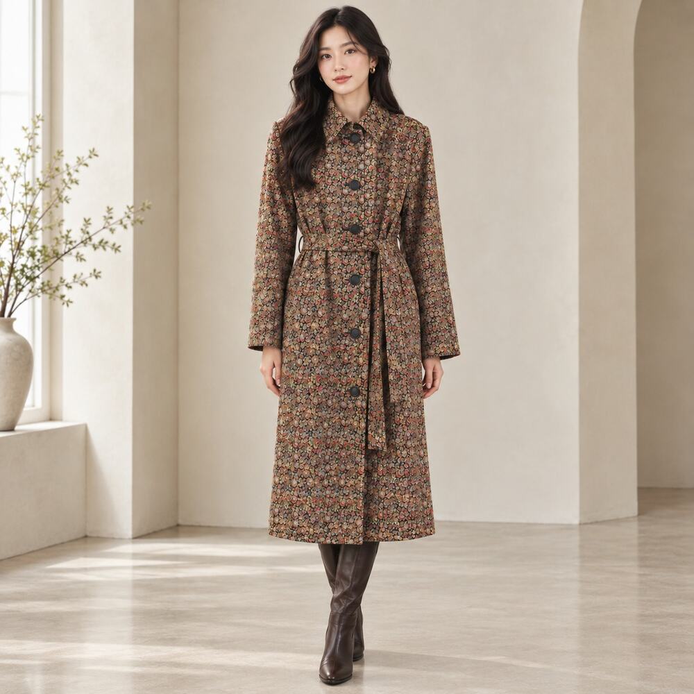 WD.NY Vintage Tapestry-style Floral Brocade Belted Coat S Fall Winter Classic